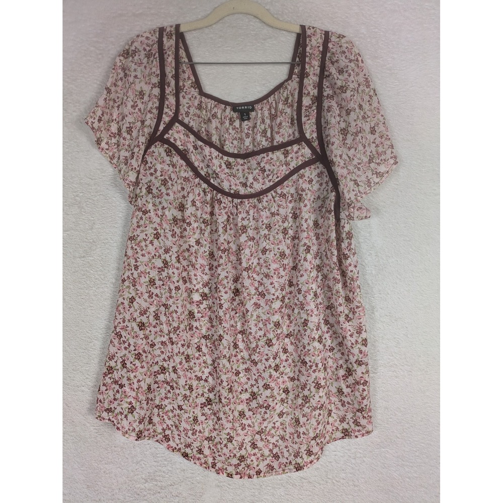 Torrid Blouse Women's 1 Pink Floral Square Neck Metallic Flutter Sleeve Boho